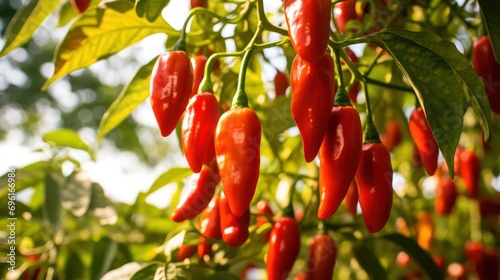 Ripe hot red chilies on a tree ready to harvest