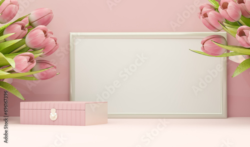 Welcome signboard mockup with international Women's Day, Valentine's Day. Gift of flowers. Pink tulips on pastel background, spring bouquet. 3d render of online flower delivery. #696167396