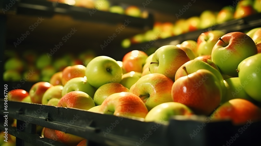 Ready-to-ship apples stored in a cold warehouse. Video footage for advertising apple products.