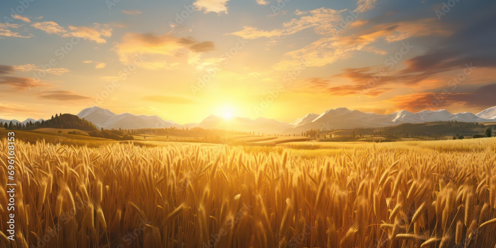 The serenity of a rural landscape, featuring a golden wheat malt field under the setting sun - obrazy, fototapety, plakaty 