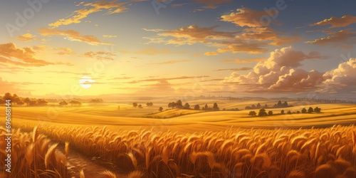 The serenity of a rural landscape, featuring a golden wheat malt field under the setting sun © Nattadesh