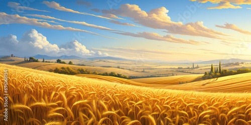 The serenity of a rural landscape, featuring a golden wheat malt field under the setting sun