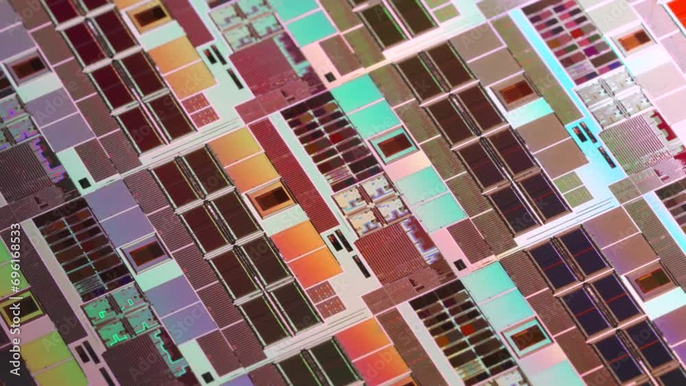 Silicon Wafer with microchips used in electronics for the fabrication of integrated circuits. Silicon Wafer with microchips used in electronics for the fabrication of integrated circuits.