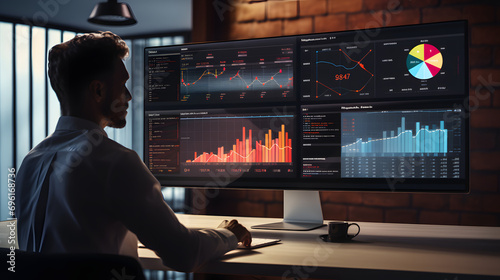  Businessman or data scientist working on laptop with business dashboard analytics chart metrics KPI to analyze the performance and create insign reports of business management. Data science concept
 photo