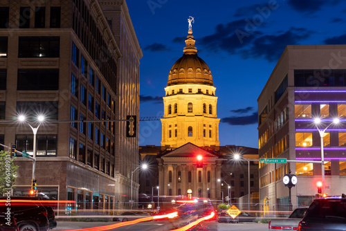Twilight view of the historic state capitol building of downtown Topeka, Kansas, USA. photo