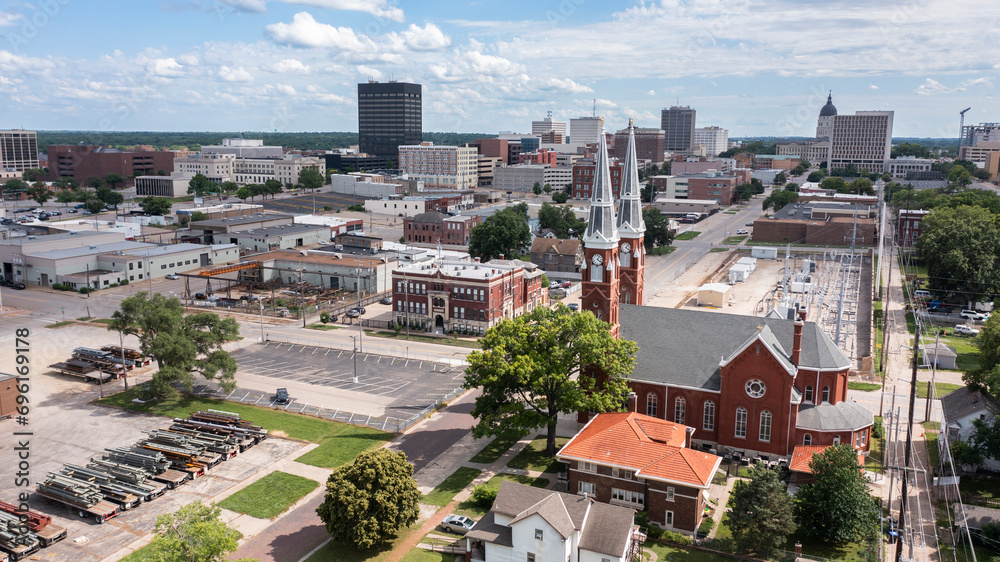 View of a historic church and buildings in downtown Topeka, Kansas, USA. View of a historic church and buildings in downtown Topeka, Kansas, USA.