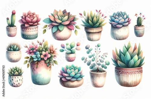 Watercolor from a cute succulent pot plants on white background.