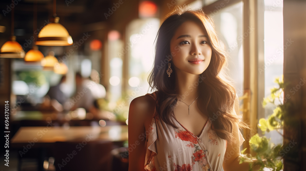 Beautiful cute and charming asian women in restaurants.
