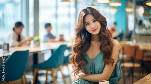 Beautiful cute and charming asian women in modern coffee shop.
