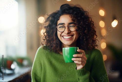 Cheerful young woman with curly hair wearing large round glasses and a sweater. She is holding a mug