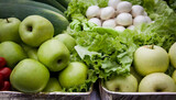 Stacked, lettuce, green apples, mushrooms, close-up