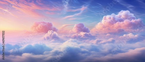 Ethereal sky with colorful clouds at sunset. Dreamy nature backdrop. photo