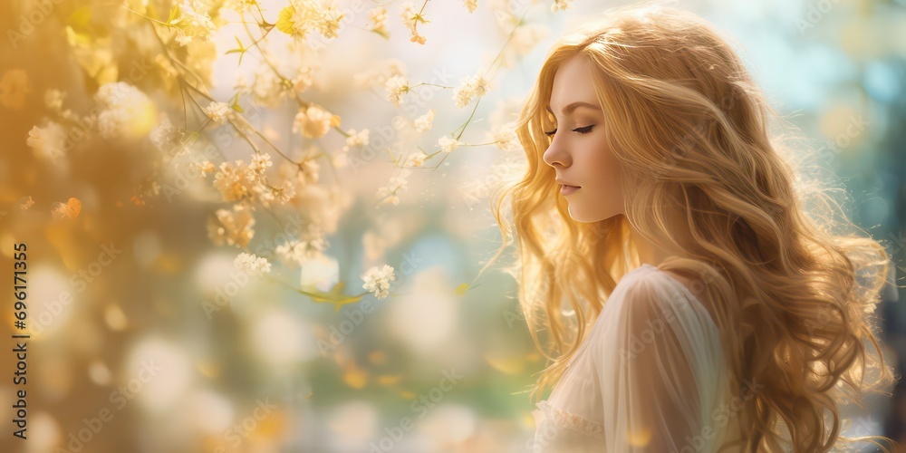 Embrace the essence of spring with a refreshing woman background with sunlight shimmering and creating a defocused effect Embrace the essence of spring with a refreshing woman background with sunlight shimmering and creating a defocused effect