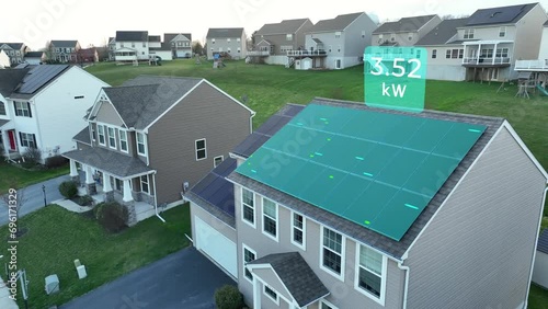 Sustainable energy. Solar panels on a residential home. Clean electricity production with motion graphics recording photovoltaic efficiency in kilowatt-hours. Eco-friendly power technology animation. photo