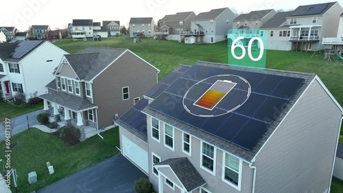 Rooftop solar panel array on American home. Motion graphic illustration, green renewable energy refuels battery cell icon animation. Aerial in modern USA neighborhood. photo