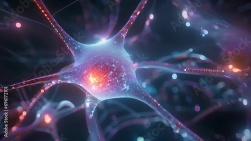 An intricate closeup of a neuronal network, with the edited gene marked in red and demonstrating its role in regulating brain function. photo