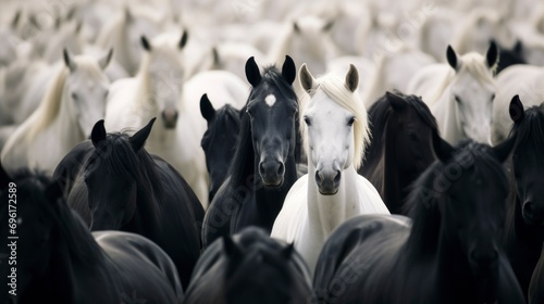 Unique White Horse Among Black Herd. © Polypicsell