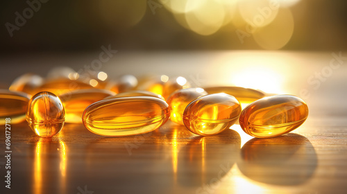 vitamin capsule granules. A collection of packaged fish oil capsules, healthy omega 3 oil capsules photographed under the spotlight from above. Generative AI
