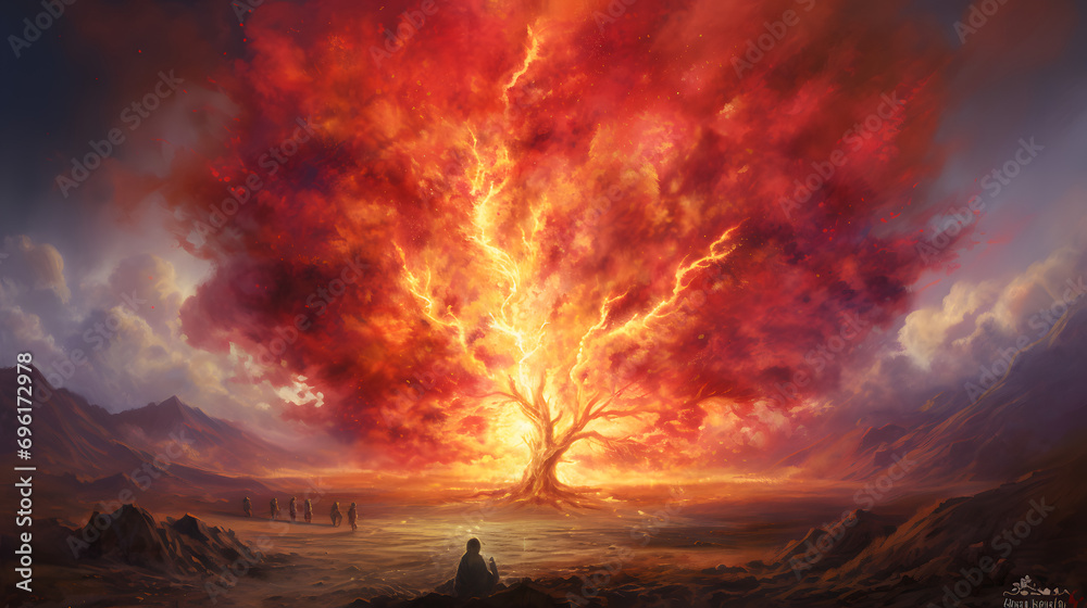 In the serene desert, Moses, a humble shepherd, witnesses a celestial spectacle—the burning bush. Radiating an ethereal glow, the bush, untouched by the flames, becomes a conduit for the divine. In the serene desert, Moses, a humble shepherd, witnesses a celestial spectacle—the burning bush. Radiating an ethereal glow, the bush, untouched by the flames, becomes a conduit for the divine.