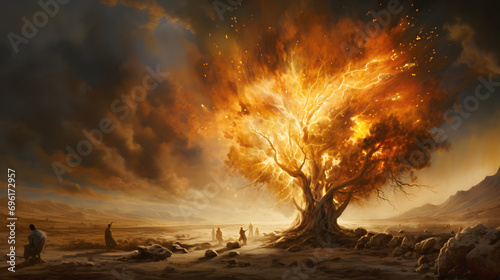 In the serene desert, Moses, a humble shepherd, witnesses a celestial spectacle—the burning bush. Radiating an ethereal glow, the bush, untouched by the flames, becomes a conduit for the divine. photo