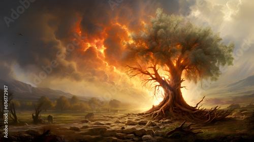 In the serene desert, Moses, a humble shepherd, witnesses a celestial spectacle—the burning bush. Radiating an ethereal glow, the bush, untouched by the flames, becomes a conduit for the divine.