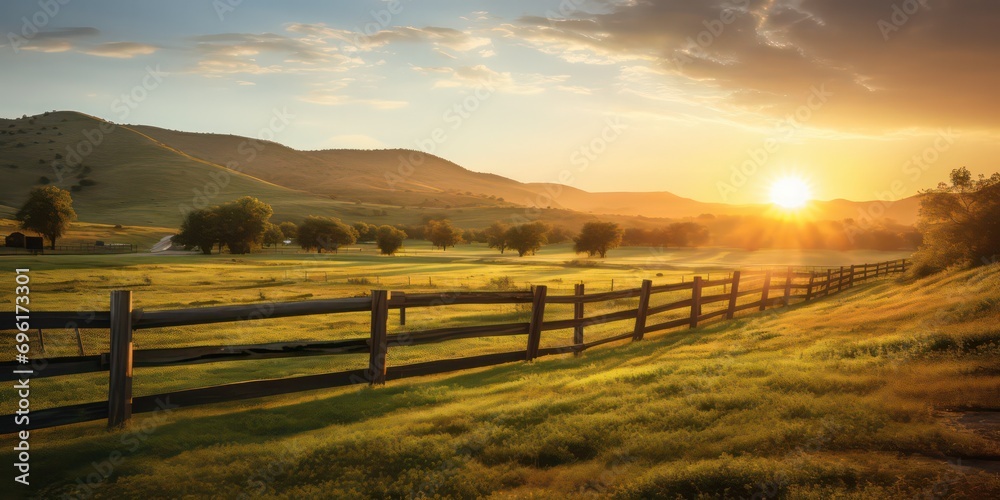 Landscape featuring a fenced ranch at sunrise with sunlights shimmering and creating a defocused effect Landscape featuring a fenced ranch at sunrise with sunlights shimmering and creating a defocused effect
