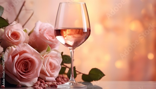 Elegant Wine Glass Amongst Pink Roses with Soft Bokeh Background