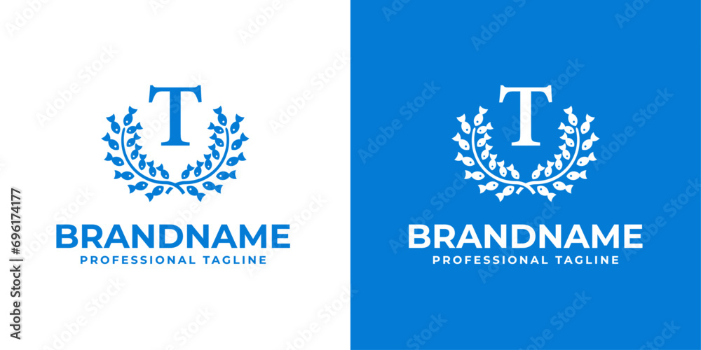 Letter T Laurel Fish Logo, suitable for business related to Fish and Laurel with T initial Letter T Laurel Fish Logo, suitable for business related to Fish and Laurel with T initial