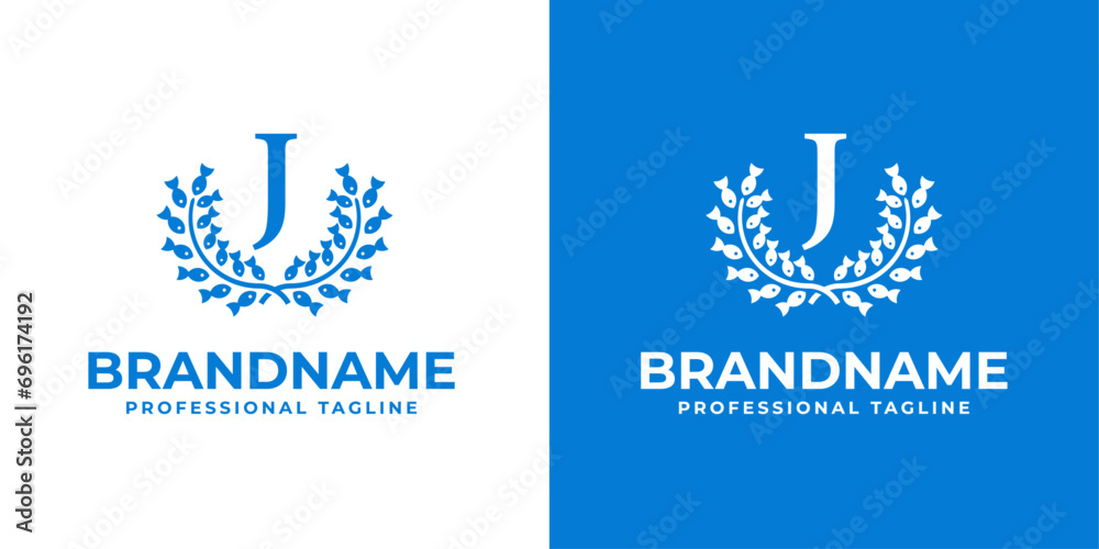 Letter J Laurel Fish Logo, suitable for business related to Fish and Laurel with J initial Letter J Laurel Fish Logo, suitable for business related to Fish and Laurel with J initial