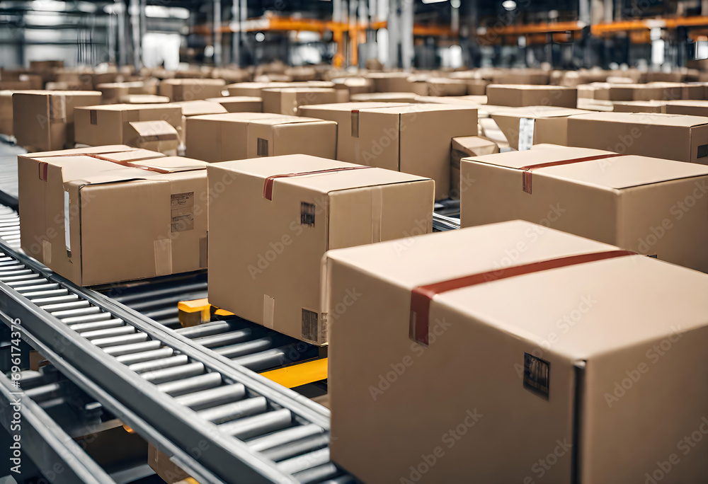 Closeup of Seamless Cardboard Box Movement on Conveyor Belt in Busy Warehouse Closeup of Seamless Cardboard Box Movement on Conveyor Belt in Busy Warehouse