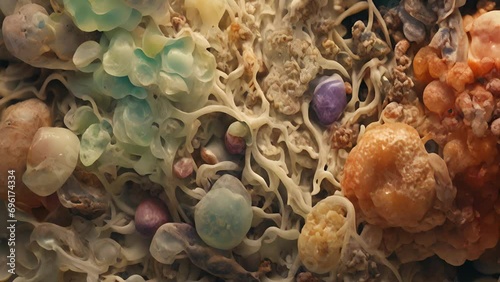 Tangled strands of mold and bacteria seen under a microscope, revealing the potential for decomposition and damage to priceless historical relics.