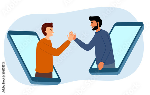 High-five greeting in internet. Online friend communication concept. Characters gesturing hi during video call by mobile phone. Virtual conversation on white background.