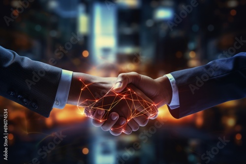 Business men shaking hands in agreement in the city for corporate success .Generative AI. photo