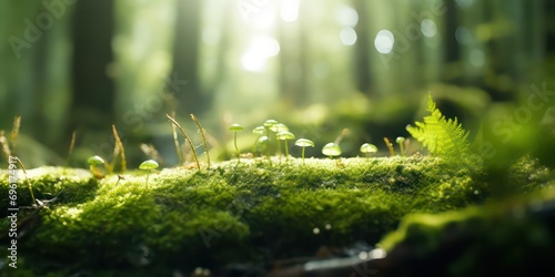 Closeup look at the moss in the forest with sunlight shimmering