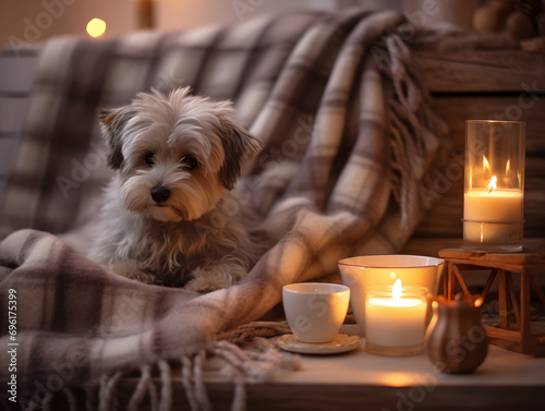 A beautiful cozy winter or autumn interior in beige. A little dog in a plaid on the couch, burning candles. The concept of comfort. Photorealistic.  © Mariia Mazaeva