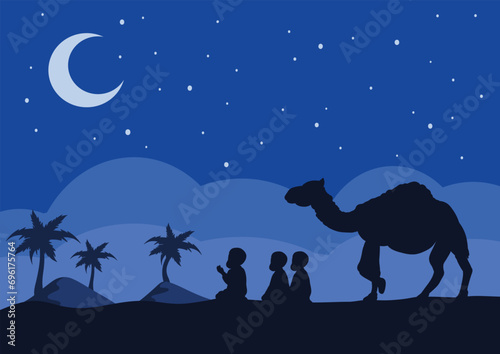 Cartoon muslim people praying in desert sand at beautiful night sky with crescent moon and star  happy eid adha mubarak Vector Illustration