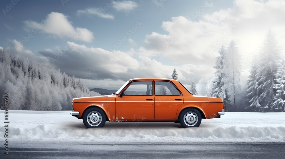 Side view of an orange car with a winter tires on a snowy road
