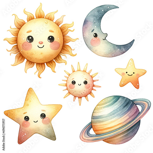 Sun, moon, star, Saturn, Clipart watercolor style on transparent Background.AI Generate