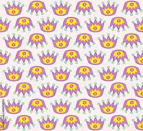 Seamless fashion accessories pattern. Seamless pattern with colorful crown in cartoon style. Trendy fashion accessories and clothing vector illustration. © nhjenny
