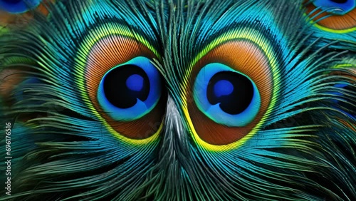 A mesmerizing photo of a peas feathers, highlighting the symmetrical and colorful eyelike patterns. photo