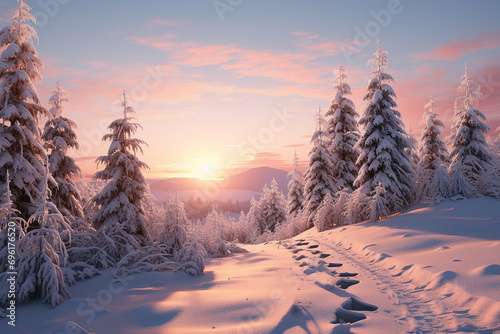 Generative AI Image of Nature Landscape with Pine Trees in Winter Snow at Sunrise © heartiny