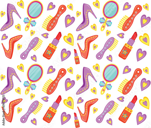 Trendy fashion accessories and clothing vector illustration. Seamless fashion accessories pattern. Seamless pattern with colorful clothing, cosmetics and jewelry in cartoon style. 