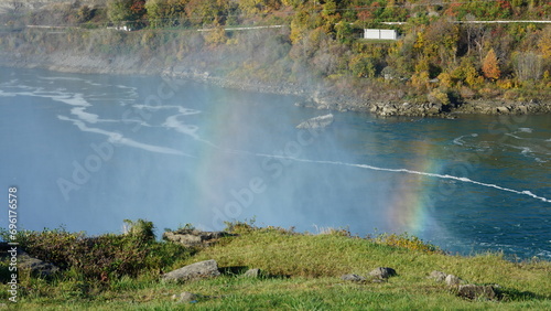 The beautiful Niagara waterfall landscape with the colorful rainbow in autumn