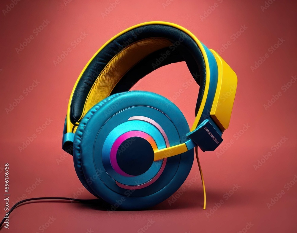 Naklejka premium Headphones on red background. Music background. 3D Rendering