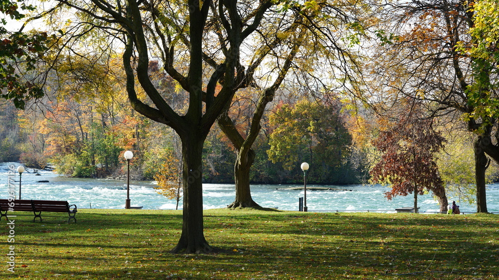 Naklejka premium The beautiful river view with the running water and colorful forest as background in autumn