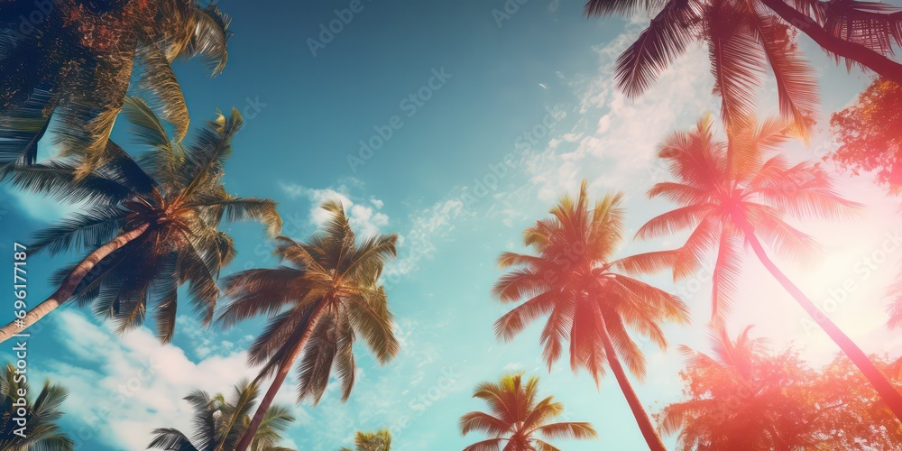 Gazing up at the blue sky and palm trees, with a vintage-style touch, creating a tropical beach and summer background with sunlights shimmering and creating a defocused effect - obrazy, fototapety, plakaty 