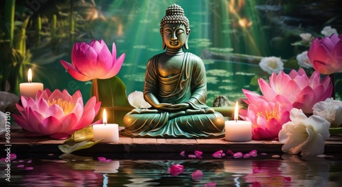 Buddha s Tranquil Haven  Meditation by Water with Candles.  the peaceful haven created by the combination of the Buddha s presence  the water element  and the soft glow of candles.