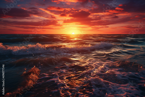 Generative AI Image of Water Waves in the Sea with Golden Sky at Sunset
