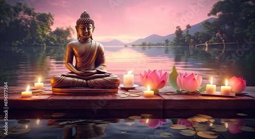 Buddha's Tranquil Haven: Meditation by Water with Candles.  the peaceful haven created by the combination of the Buddha's presence, the water element, and the soft glow of candles. photo