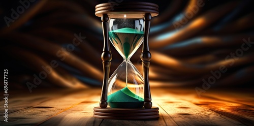 The Hourglass's Wooden Table: A Meditative Tapestry of Time, Transience, and the Unstoppable Flow of Life's Journey. symbolizing the passage of time, the transient nature of existence